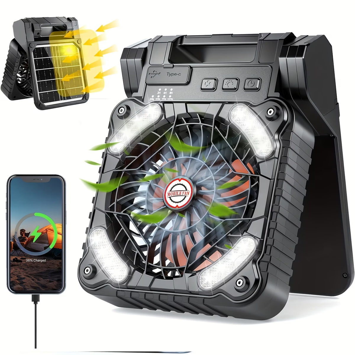 Solar Fan with LED Light, USB Rechargeable, With Power Bank