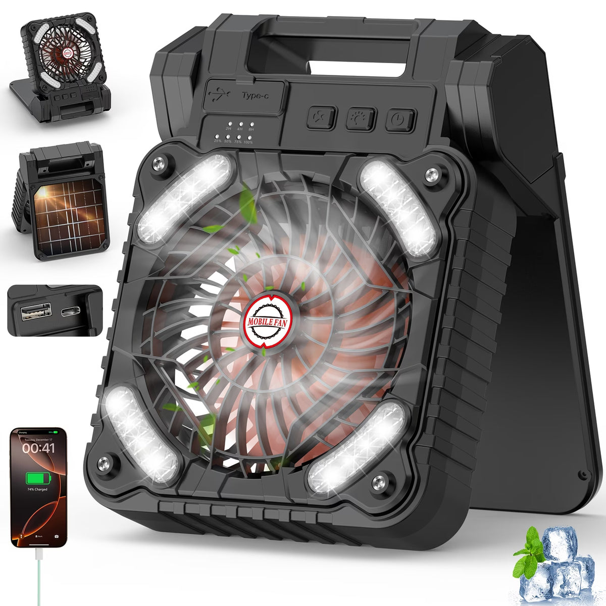 Solar Fan with LED Light, USB Rechargeable, With Power Bank