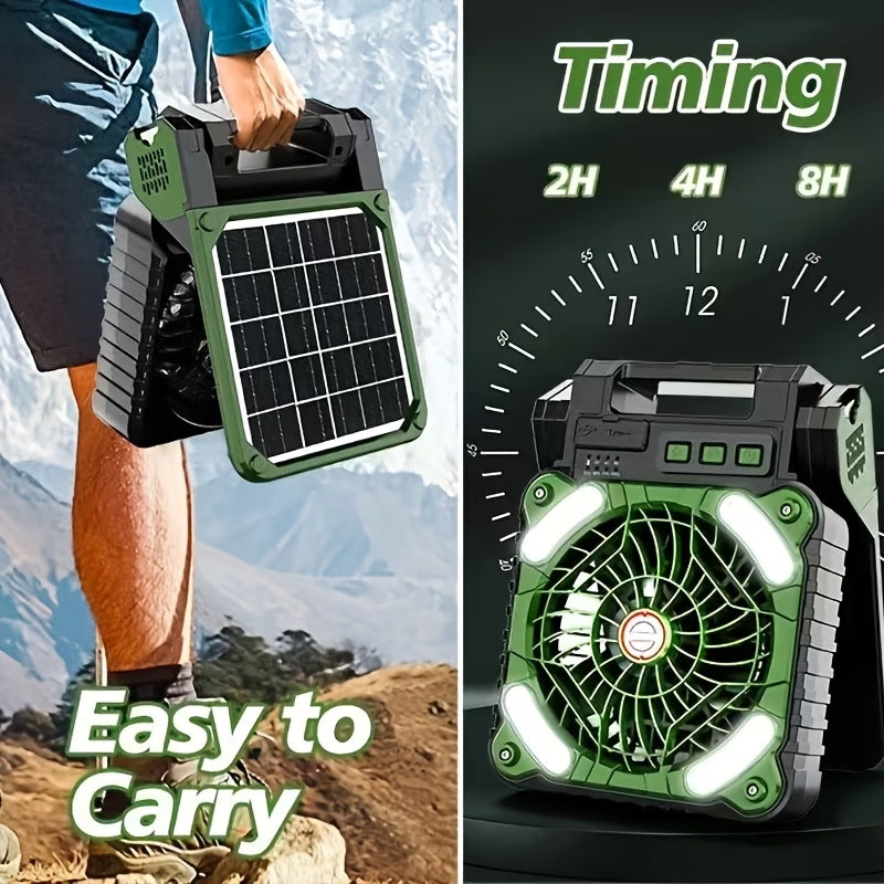 Solar Fan with LED Light, USB Rechargeable, With Power Bank