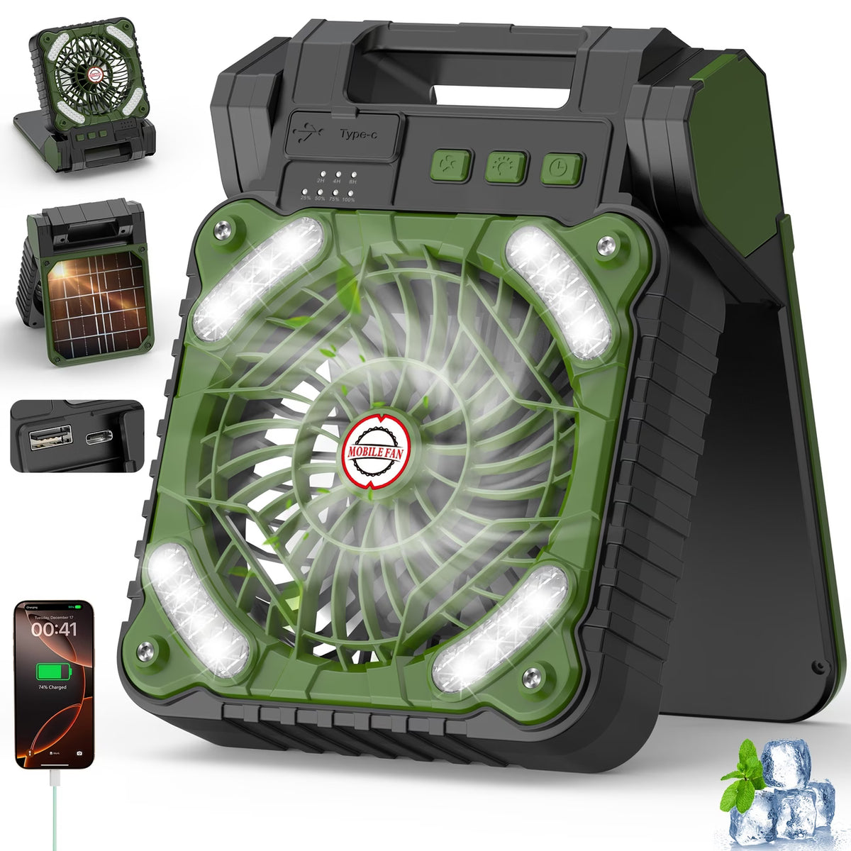 Solar Fan with LED Light, USB Rechargeable, With Power Bank