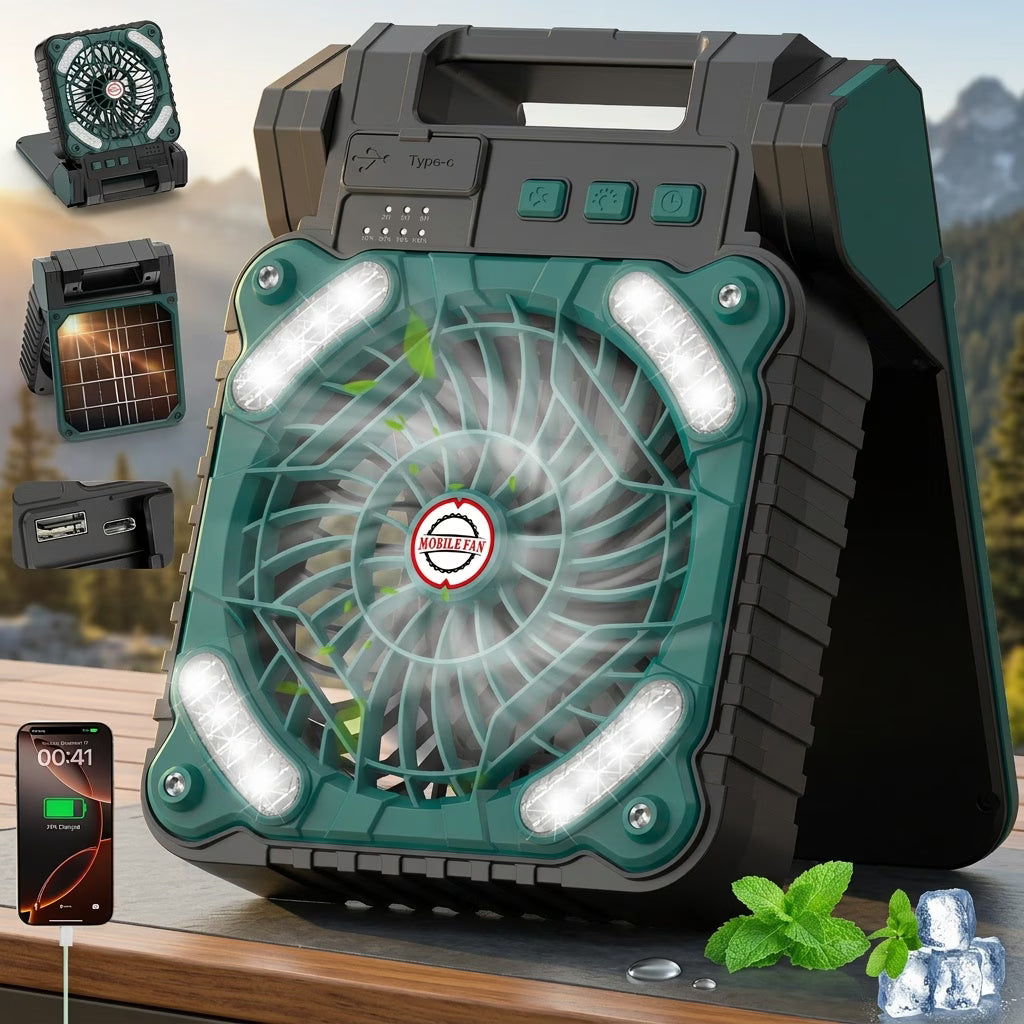 Solar Fan with LED Light, USB Rechargeable, With Power Bank