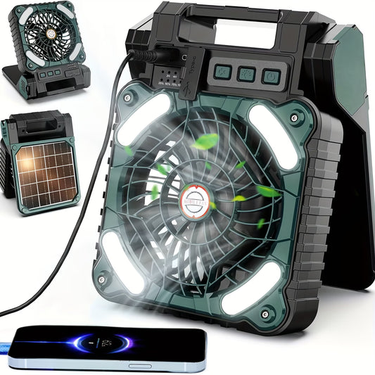 Solar Fan with LED Light, USB Rechargeable, With Power Bank