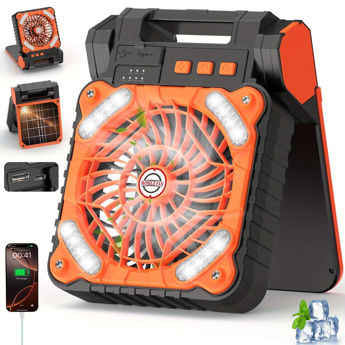 Solar Fan with LED Light, USB Rechargeable, With Power Bank